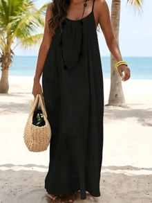 Women's Spaghetti Strap Beach Maxi Dress - Open Back Loose Flowy Vacation Sundress For Summer - 酒紅色 - 查看 3