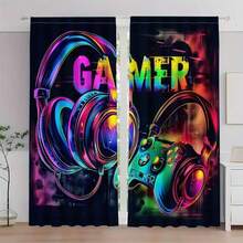 2 Peças de Cortinas com Tema de Jogador, com Design Vibrante de Fone de Ouvido e Controle - Decoração de Privacidade de Arte Moderna para Quarto, Sala de Estar, Escritório ou Dormitório - Tecido de Poliéster, Lavável em Máquina, Decorações para Sala de Jogos, Impressão Plana 2D - Multicolorido - Visão 16
