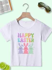 Tres conejitos sonrientes en tonos pastel celebrando la Pascua con estrellas y corazones coloridos que transmiten alegría y dulzura camiseta 220g ropa para niños blanca cómoda y adorable para ocasión festiva - Blanco - Ver 1