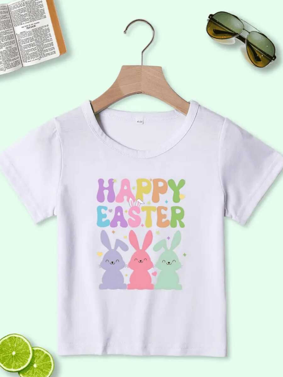 Tres conejitos sonrientes en tonos pastel celebrando la Pascua con estrellas y corazones coloridos que transmiten alegría y dulzura camiseta 220g ropa para niños blanca cómoda y adorable para ocasión festiva - Blanco - Ver 1