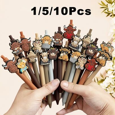1/5/10Pcs Adorable Highland Cow Print Pen Set Black Ink Retractable Highland Cow Pen Set Cartoon Highland Cow Gift Set School/Home/Office Stationery Theme Holiday Gift Colleague Gift Accessories