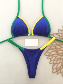 Women's Summer Beach Contrast Color Halter Tie Sexy Bikini Swimwear Set Vacation - Royal Blue - View 1