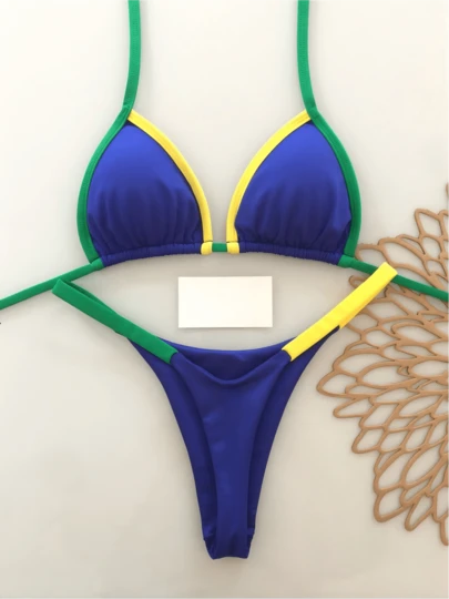 Bộ bikini gợi cảm buộc dây cổ phối màu tương phản dành cho nữ, thích hợp mặc đi biển mùa hè.