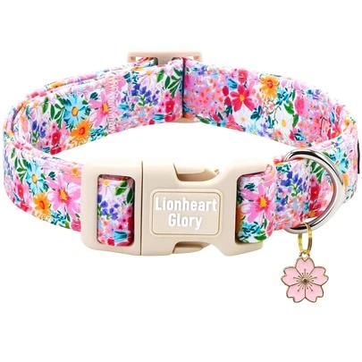 طوق كلب ليونهارت المجيد ناعم وقابل للتعديل مع إبزيم بلاستيكي، بنمط أزهار برية ملونة، طوق للكلاب والجراء الذكور والإناث