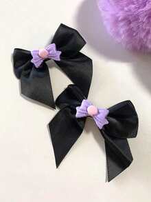 2 Pcs Black Satin Bow Hair Clips With Pink/Purple Skull Design - Sweet Y2K Student Duckbill Clips For Women - Black - View 2