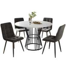 Dining Chair Set (5 Pieces), Dining Chair Set With 4 Chairs, Kitchen Dining Chair Set, Round Dining Table 100 Cm Diameter, Black Metal Table Legs, White MDF Tabletop, Dark Grey Velvet Dining Chair - Dark Grey - View 9