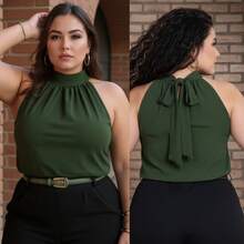 Elegant Plus Size Tank Top/Blouse, High Neck And Sleeveless, Large Sizes. - xanh quân đội - Xem 5