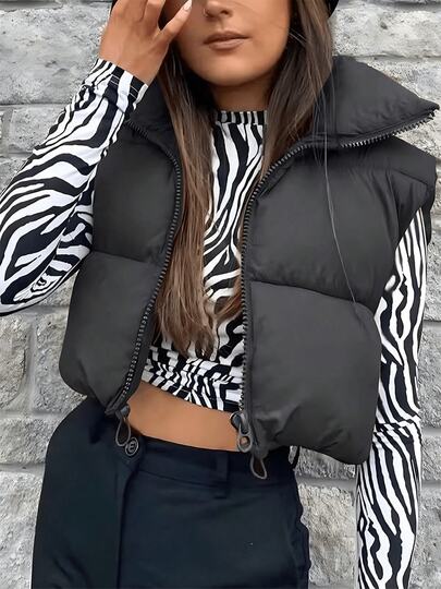 Chaleco corto de plumón de algodón para mujer, chaqueta acolchada sin mangas, cálida, cuello levantado, Tops de viaje al aire libre, Otoño e Invierno