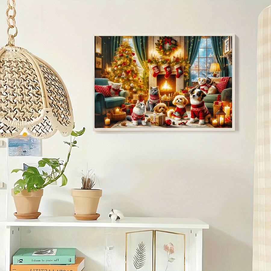 1000pcs Christmas Cats & Dogs Puzzle - Festive Pets Scene With Cozy Fireplace & Tree, Vibrant Holiday Art For & Families, Interactive Brain Teaser Game, DIY Home Decor Gift, Cat Christmas Decorations, Family Activity, Warm Atmosphere, Durable - 500個-14.96x20.47英寸 - 查看 1
