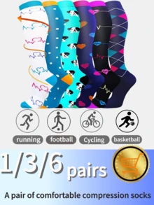 1/3/6 Pairs Unisex Compression Knee-High Socks, Breathable Design Suitable For Running, Cycling, Hiking, Football And Travel - Multicolor - View 6