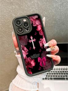 1pc Minimalist Elegant Cross Pattern Printed TPU Shockproof Phone Case, Suitable Compatible With Apple 17 Pro Max/17/16/15 Pro Max/15 Plus/15 Pro/15/14 Pro Max/14 Plus/14 Pro/14/13 Pro Max/Pro Max/12 Pro Max/12 Pro/12/11 Pro Max/11 - Black - View 1