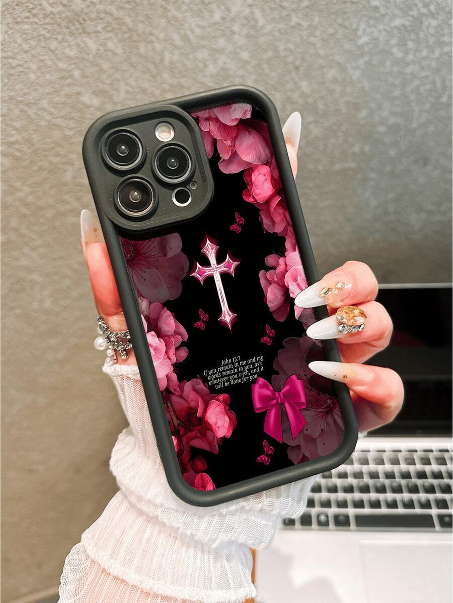 1pc Minimalist Elegant Cross Pattern Printed TPU Shockproof Phone Case, Suitable Compatible With Apple 17 Pro Max/17/16/15 Pro Max/15 Plus/15 Pro/15/14 Pro Max/14 Plus/14 Pro/14/13 Pro Max/Pro Max/12 Pro Max/12 Pro/12/11 Pro Max/11 - Black - View 1