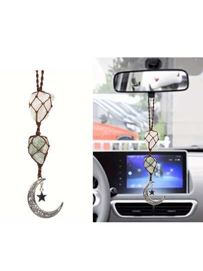 Moon & Star Crystal Car Rearview Mirror Hanging Charm - Natural Stone Auto Interior Pendant Boho Vehicle Decor For Spiritual Energy