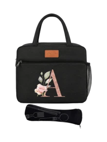 带拉链的保温午餐包，玫瑰金花卉字母A-Z图案，附赠黑色餐具袋，帆布保温午餐盒，拉链封口，大容量铝箔内衬双层拉链午餐手提袋，大容量保温冷藏包，学生适用，便携式旅行野餐包，办公学校保温午餐包，保温午餐盒，办公室假日午餐盒，多功能户外学生午餐盒，男女通用，返校季，母亲节礼物，复活节礼物 - 彩色 - 查看 14