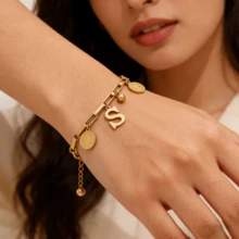 1pc Fashion Hip-Hop Style Stainless Steel Bracelet - 18K Gold Plated Adjustable Chain With Round Charm & Letter Pendant, Jewelry Gift For Girls, Women, Family And Friends - Gold - View 5
