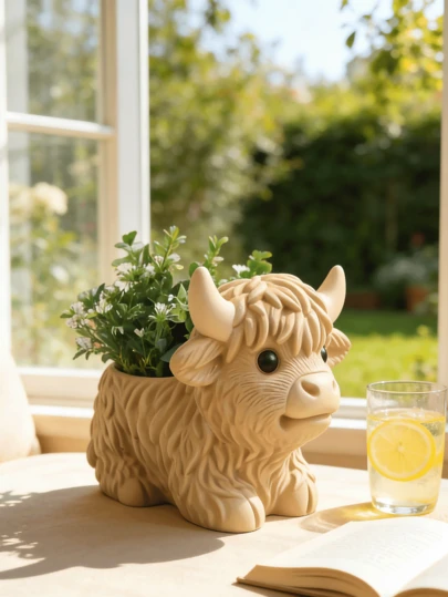 Highland Cow Flower Pot, Resin Succulent Plant Pot, Small Decorative Animal Flower Pot, A Gift For Cow Lovers (Light Brown).