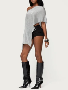 Women's Sheer Knit Poncho Tops,Off The Shoulder Shrug Lighterweight  Pullover Top,Asymmertrical Hem Beach Cover Up,Y2k See Through Crochet Shawl,Mesh Beachwear Blouse Going Out Clothes Suitable For Daily Life/Club Wear/Shopping/Dating/Work/Vacation/Cocktail/Streetwear/Office/Leisure/Loungewear/Weekend Gathering/Seaside - 銀色 - 查看 4