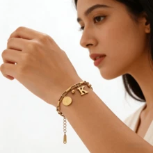 1pc Fashion Hip-Hop Style Stainless Steel Bracelet - 18K Gold Plated Adjustable Chain With Round Charm & Letter Pendant, Jewelry Gift For Girls, Women, Family And Friends - Gold - View 3