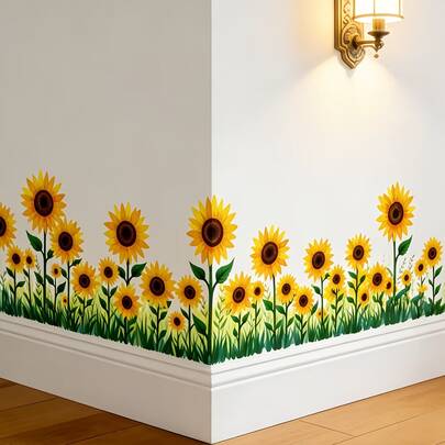 Sunflower Pattern Self-Adhesive Wall Sticker, Removable PVC Material Design, Suitable For Wall Decor In Living Room, Bathroom And Balcony, Adding Natural Bright Atmosphere To Home Decor.