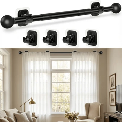 48-Inch No-Drill Adjustable Curtain Rods With 4 Adhesive Brackets - Contemporary Metal Drape Pole For Renters, Apartments, Dorms, Indoor & Outdoor Use