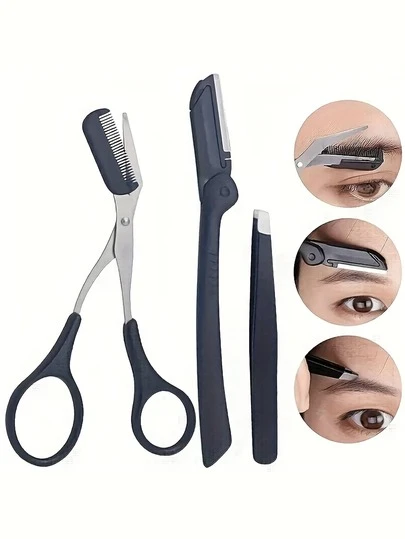 3pcs Eyebrow & Shaving Tool Set, 3-In-1 Multi-Purpose Grooming Kit With Exfoliating Tool, 1 Razor + 1 Tweezers + 1 Eyebrow Scissors - Suitable For Men And Women