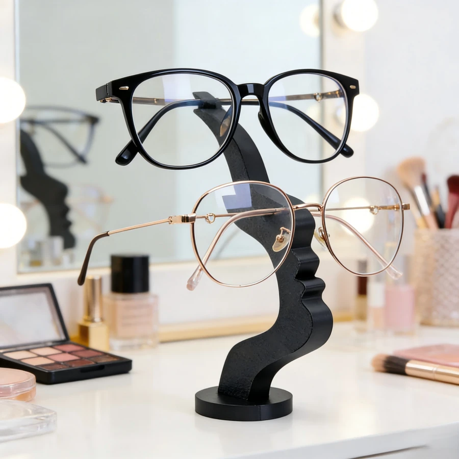Premium Wooden Eyeglasses Storage Stand, Artistic Face Design, Convenient & High-Quality Eyewear Organizer For A Beautiful Display - Black - View 1