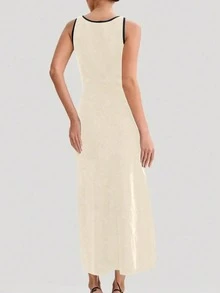 优雅女士针织罗纹长裙，高腰修身无袖时尚派对连衣裙，前襟纽扣设计，适合春、夏、秋季休闲、派对、校园、街头穿着，尽显高贵典雅的气质。 - 香檳色 - 查看 3