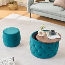 Luxurious Set Of Two Nesting Velvet Stools, 4-In-1 Function, Round Storage Stool With Wooden Shelf, No Assembly Required, Blue (58 Cm X 58 Cm X 38 Cm) - Blue - View 8