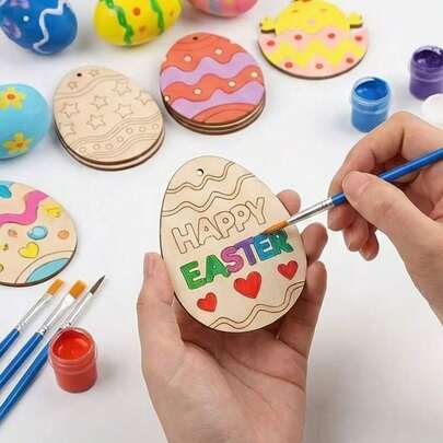 16pcs (8pcs Rope + 8pcs Wooden Eggs) Easter Wooden Egg Hanging Decor DIY Painting Set, Children's Handmade Coloring Wooden Egg Ornament Materials - Pre-Printed Wooden Slices, Great For Easter Party Crafts, Home Decor And Christmas Tree Hanging, Easter Craft Kit For Kids
