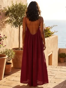Women's Spaghetti Strap Beach Maxi Dress - Open Back Loose Flowy Vacation Sundress For Summer - 淺藍色 - 查看 6