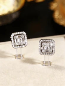 Dainty Square Halo CZ Earrings Teen School & Date Fashion Jewelry - Silver - View 2