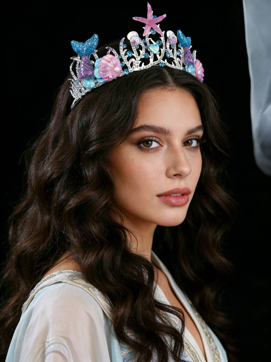 1pc Dreamy Ocean Crown Headpiece, Romantic & Ethereal Style, Suitable For Bridesmaid Outfits, Theme Parties, And Vacation Photo Shoots - Silver - View 1