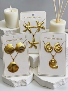 Ladies' Stainless Steel Starfish, Shell, Spiral Earrings And Necklace Jewelry Set, Leisure Beach Vacation Holiday Gift, Ocean Style Jewelry Set - Multicolor - View 1