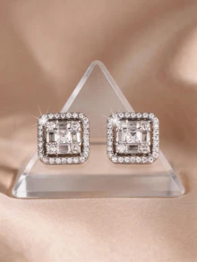 Dainty Square Halo CZ Earrings Teen School & Date Fashion Jewelry - Silver - View 4