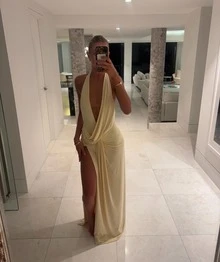 QIANZHIDU SUNSTORY 女士优雅性感波西米亚风纯色吊带露背长裙，高开衩设计，褶皱剪裁，V领垂褶，不对称交叉肩带，弹力柔软面料，浅黄色长裙，适合春夏海滩、度假、派对、婚礼宾客、约会等场合。 - 黃色 - 查看 7