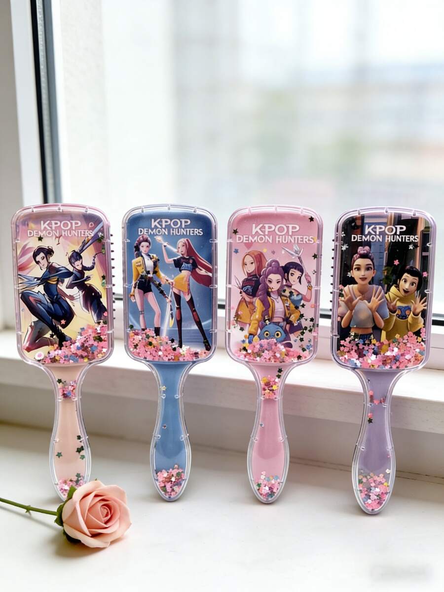 (Random 1pc) K-POP Girl Group Square Air Cushion Hair Brush, Cartoon High-Gloss Long Handle Glitter Filled Hair Brush - Cute & Fashionable Beauty Lover's Gift, Helps Detangle Hair And Scalp Massage - Multicolor - View 1