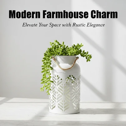 Maceta decorativa, contenedor de metal blanco con diseño de hoja moderno, maceta portátil con cuerda de yute, decoración de estilo rústico y bohemio para el alféizar de la ventana u oficina