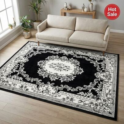 1 pieza Alfombra de área de imitación de cachemira de 1000g/㎡ con diseño floral clásico, alfombra negra y beige para la sala de estar, alfombra de piso esponjosa antideslizante para dormitorio y pasillo - Alfombra decorativa elegante de gran tamaño