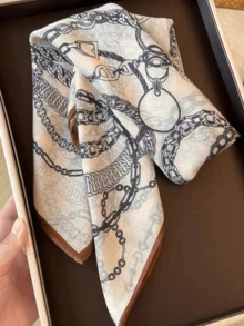 1pc Khaki Retro Artistic Printed Scarf, Versatile Lightweight Travel & Vacation Accessory, Women's Original Design New Arrival Headscarf - Khaki - View 5