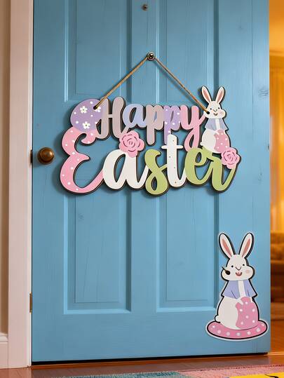2D平面复活节兔子木质挂饰，单件装 - 彩色“复活节快乐”标牌，饰有兔子和花卉图案，传统仿木装饰，无需电源，春节家居装饰，节日挂绳壁挂，适用于11个节日
