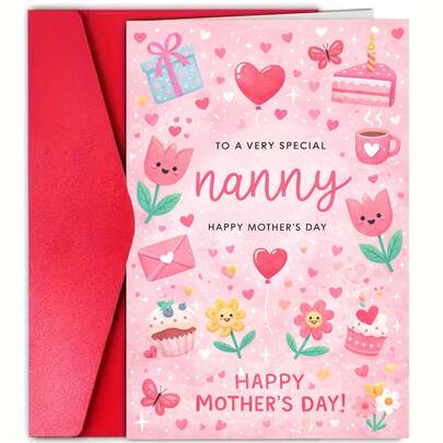 1pc Cute Funny Floral Mothers Day Card For Nanny Gift Greeting Card Pastel Pink Hearts Flowers For Grandma Warm Message High Quality Thick Cardstock Matte Finish With Envelope Ready To Send