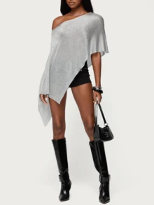 Women's Sheer Knit Poncho Tops,Off The Shoulder Shrug Lighterweight  Pullover Top,Asymmertrical Hem Beach Cover Up,Y2k See Through Crochet Shawl,Mesh Beachwear Blouse Going Out Clothes Suitable For Daily Life/Club Wear/Shopping/Dating/Work/Vacation/Cocktail/Streetwear/Office/Leisure/Loungewear/Weekend Gathering/Seaside - 銀色 - 查看 5