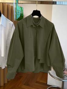 大码女式不对称下摆衬衫，宽松休闲优雅上衣，适合春、夏、秋、冬四季穿着，绿色、军绿色等多种颜色可选，正面纽扣口袋，长袖落肩设计，适合节日、派对、办公、日常穿着。 - 軍綠色 - 查看 2
