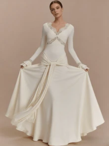 Lace Maxi Dress With Bell Sleeves And Fitted Patchwork Design - trắng - Xem 4
