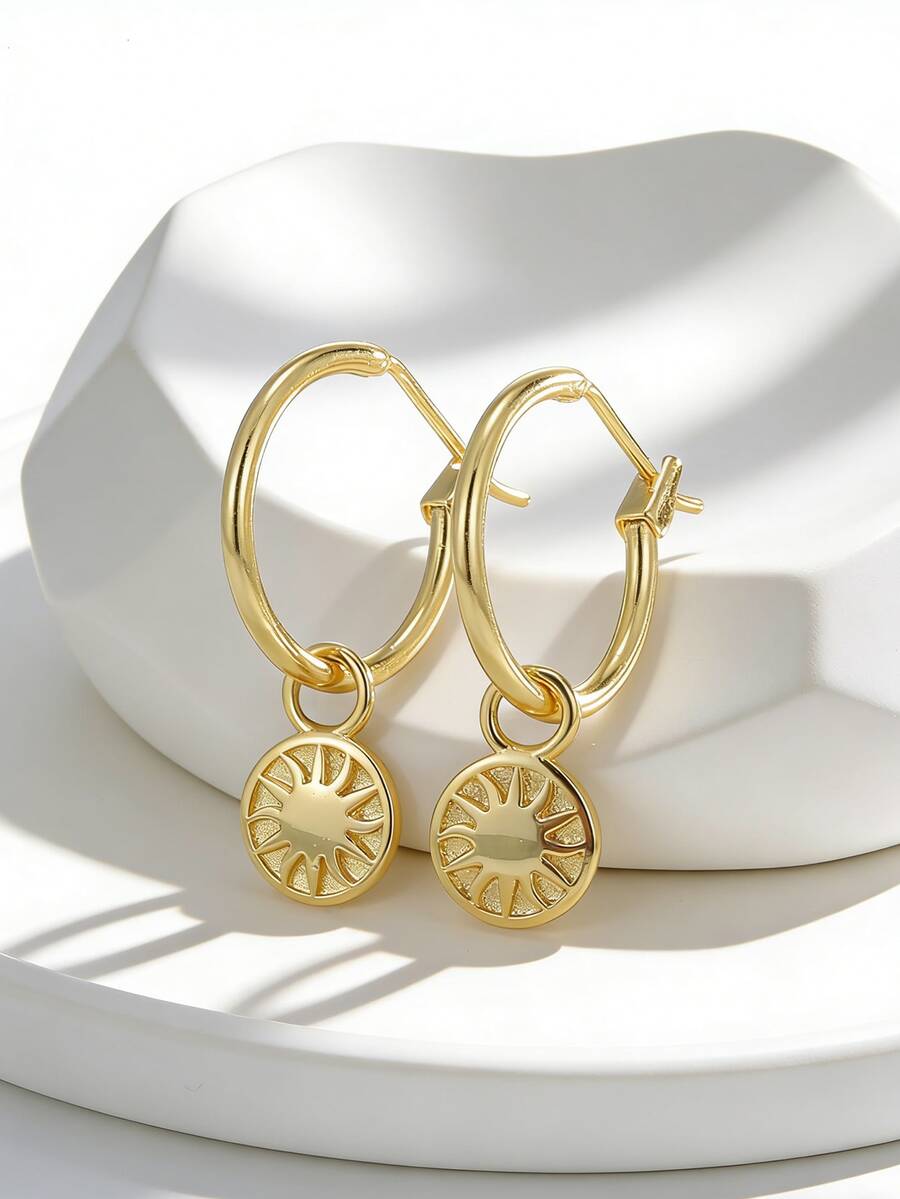 Gold Plated Sun Charm Huggie Earrings Boho Sunburst Coin Dangle Jewelry For Women Summer Beach Vacation - Gold - View 1