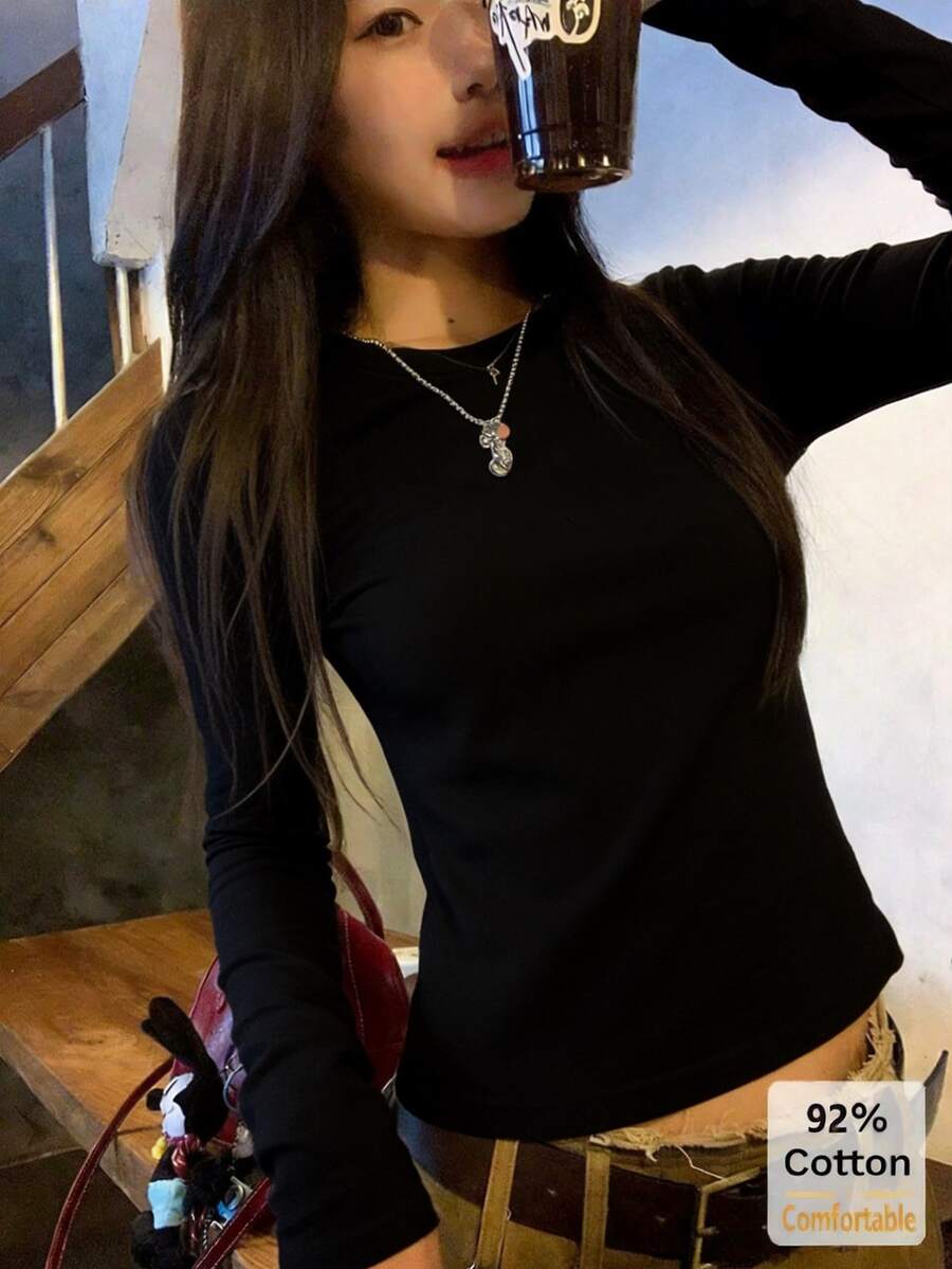 Women's Long Sleeve T-Shirt, Black Solid Color Slimming Inner Layer Base Top, Versatile For Autumn/Winter Casual