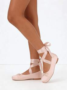 Ballet Flat Shoes Satin For Women Close Square Toe Bow Lace Up Ribbon Strappy Mary Jane Slingback Ballerina Pumps Lolita Party Wedding Prom Dress Cute Shoes - 裸色 - 查看 5