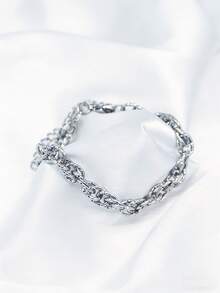 1 pieza Pulsera minimalista brillante de acero inoxidable con cadena grabada de estilo hip-hop personalizada, adecuada para el uso diario de los hombres - Plateado - Ver 5