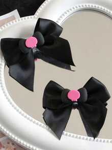 2 Pcs Black Satin Bow Hair Clips With Pink/Purple Skull Design - Sweet Y2K Student Duckbill Clips For Women - Black - View 3
