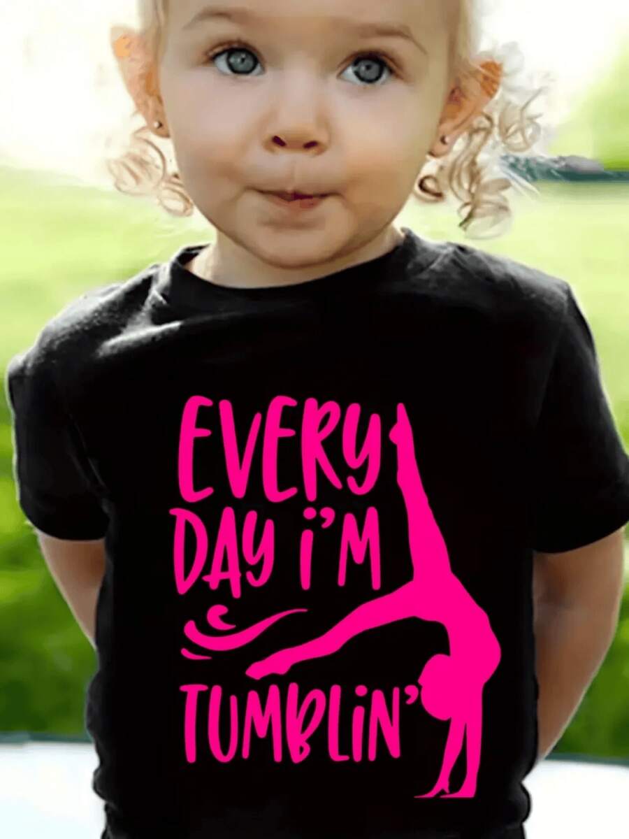 Figura de gimnasta rosa que expresa energía pasión por el movimiento y alegría diaria camiseta de manga corta para niña ropa para niños 220g casual cómoda para verano - Negro - Ver 1
